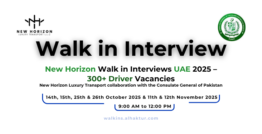 Attend the New Horizon Walk in Interviews UAE this October & November 2025. 300+ driver jobs for Pakistani nationals. Join a reputed luxury transport company.