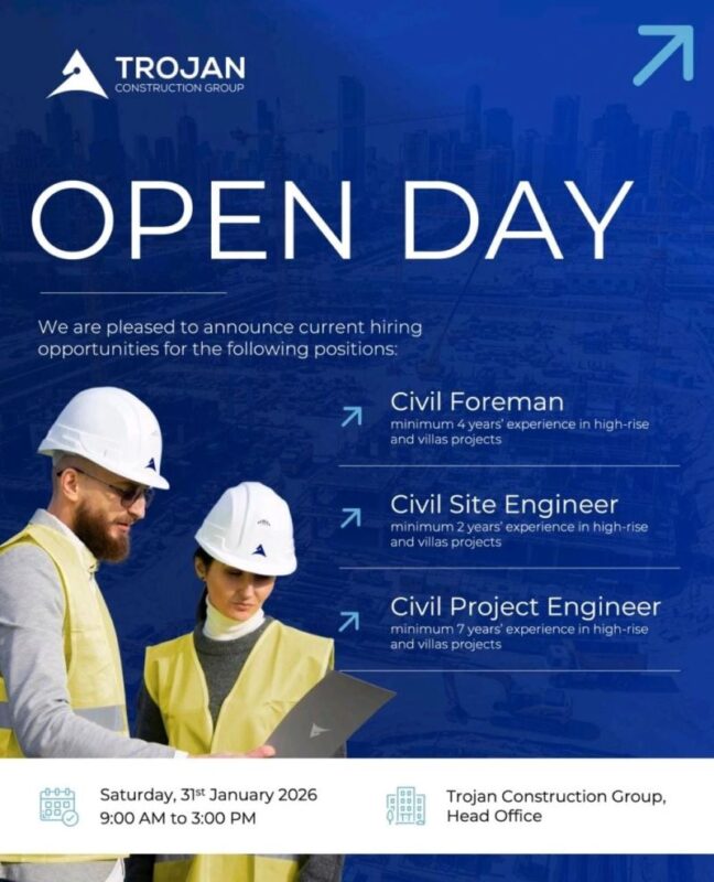 Trojan Construction Group open day walk-in interview in Abu Dhabi on 31 January 2026 from 9:00 AM to 3:00 PM; hiring civil foreman, civil site engineer, and civil project engineer for high-rise and villa projects