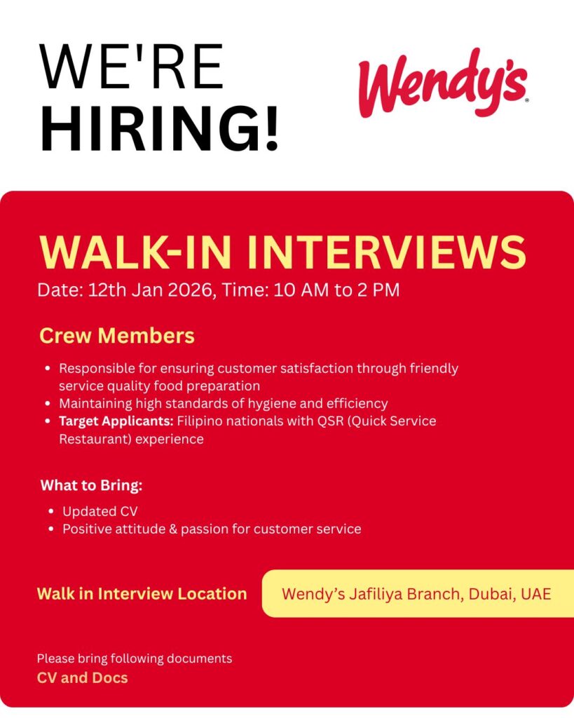 Wendy’s walk-in interview in Dubai for crew member jobs, scheduled on 12 January 2026 from 10 AM to 2 PM at Wendy’s Jafiliya branch; hiring for quick service restaurant staff in UAE