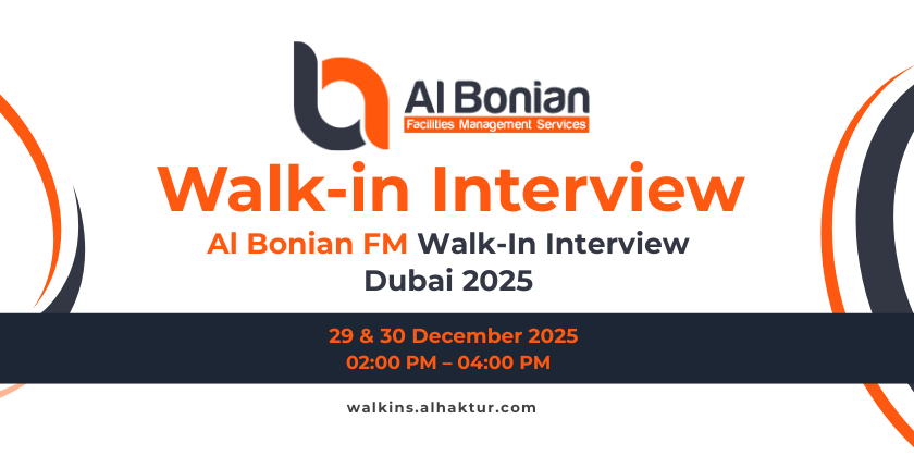 Al Bonian Facilities Management walk-in interview Dubai 2025, scheduled on 29 and 30 December 2025 from 2:00 PM to 4:00 PM; hiring event for facility management jobs in Dubai, UAE.