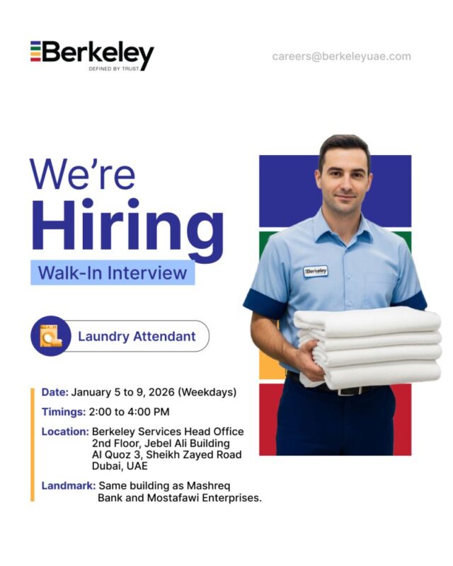 Berkeley Services Group walk-in interview in Dubai for laundry attendant jobs; interviews from 5 to 9 January 2026 on weekdays, 2:00 PM to 4:00 PM at Berkeley Services head office, Al Quoz 3, Sheikh Zayed Road.