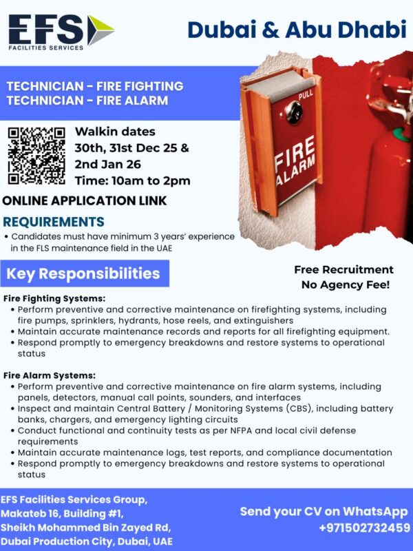 EFS Facilities Services walk-in interview in Dubai and Abu Dhabi for fire fighting technician and fire alarm technician jobs; interviews on 30th and 31st December and 2nd January from 10 AM to 2 PM; free recruitment with no agency fee