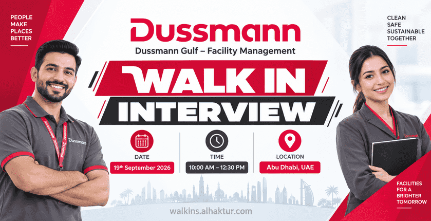 Dussmann Gulf Facility Management walk-in interview in Abu Dhabi on 19 September 2026 from 10:00 AM to 12:30 PM.