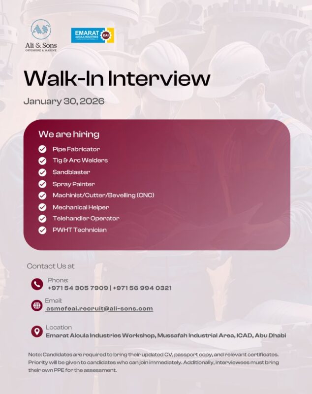 Ali & Sons walk-in interview in Abu Dhabi on 30 January 2026 for pipe fabricator, TIG and ARC welder, sandblaster, spray painter, CNC machinist, mechanical helper, telehandler operator, and PWHT technician jobs at Mussafah Industrial Area.