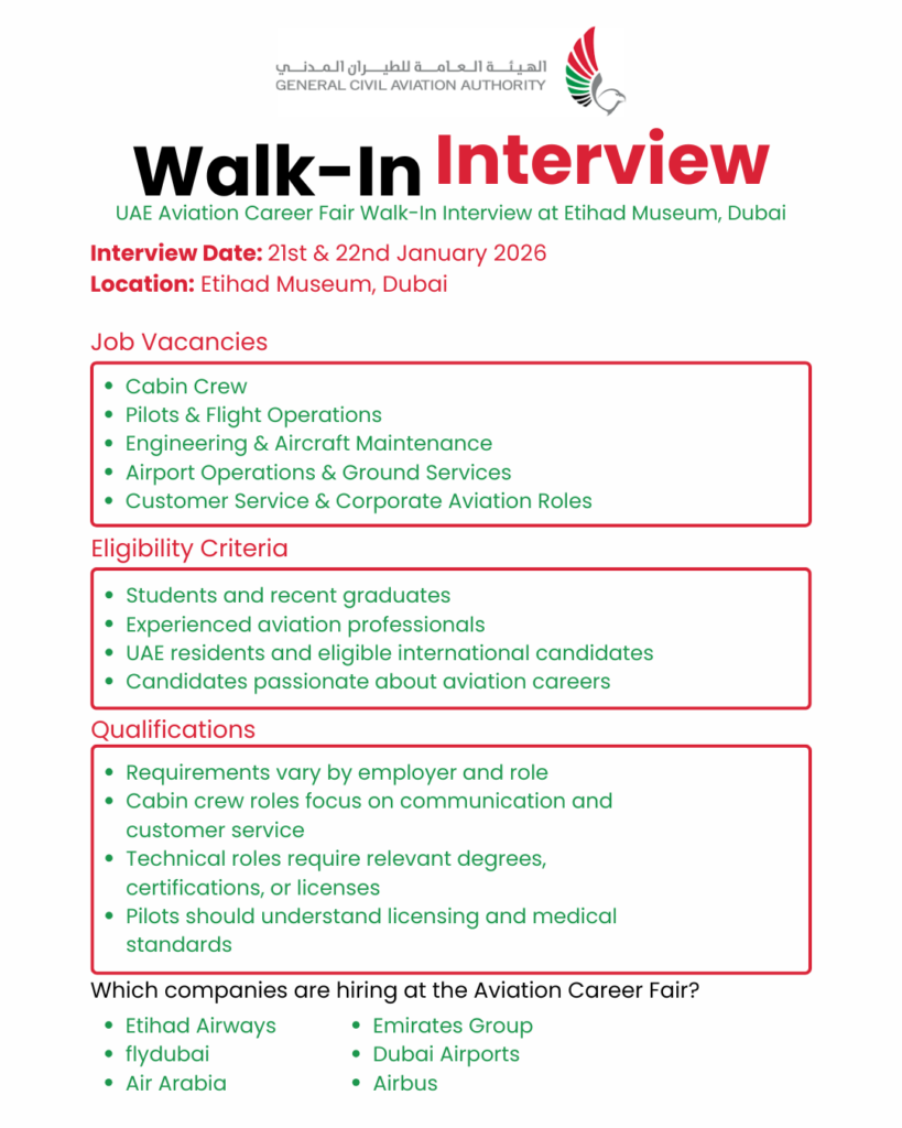 “UAE Aviation Career Fair walk-in interview at Etihad Museum, Dubai on 21st and 22nd January 2026, organized by the General Civil Aviation Authority (GCAA), featuring cabin crew, pilot, engineering, airport operations, and aviation customer service job opportunities.