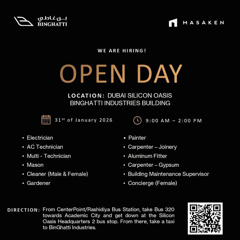 Binghatti and Masaken open day walk-in recruitment in Dubai Silicon Oasis on 31 January 2026, hiring electricians, AC technicians, masons, carpenters, painters, cleaners, gardeners, and building maintenance staff.