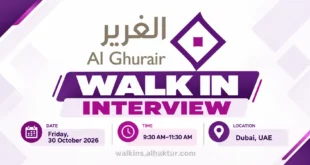Al Ghurair walk-in interview banner announcing recruitment in Dubai, UAE, on Friday, 30 October 2026, from 9:30 AM to 11:30 AM. Features the Al Ghurair logo, bold purple and magenta typography, and event details highlighting the interview date, time, and location.
