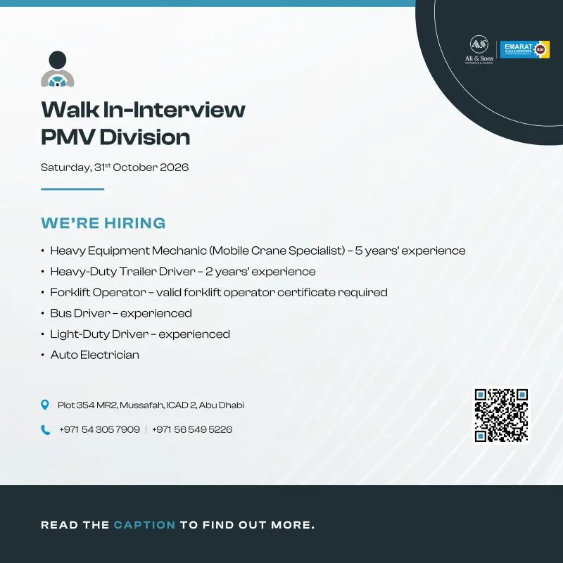 Ali & Sons Marine Engineering Factory PMV Division walk-in interview poster for 31 October 2026 in Abu Dhabi, UAE. Vacancies include heavy equipment mechanic, heavy-duty trailer driver, forklift operator, bus driver, light-duty driver, and auto electrician. The poster displays experience requirements, contact numbers, the interview location, and a QR code.