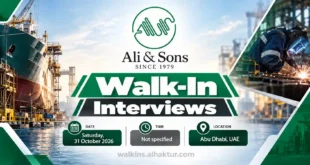 Ali & Sons walk-in interviews featured banner for 31 October 2026 in Abu Dhabi, UAE. The green and black design features the company logo, a marine vessel, an industrial welding scene, and the interview date, location, and time status. The interview time is not specified. The banner promotes recruitment opportunities in the PMV division.