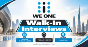 We One walk-in interviews banner featuring the company logo and Dubai skyline, announcing recruitment interviews on Saturday, 31 October 2026, from 7:30 AM to 1:30 PM in Dubai, UAE.
