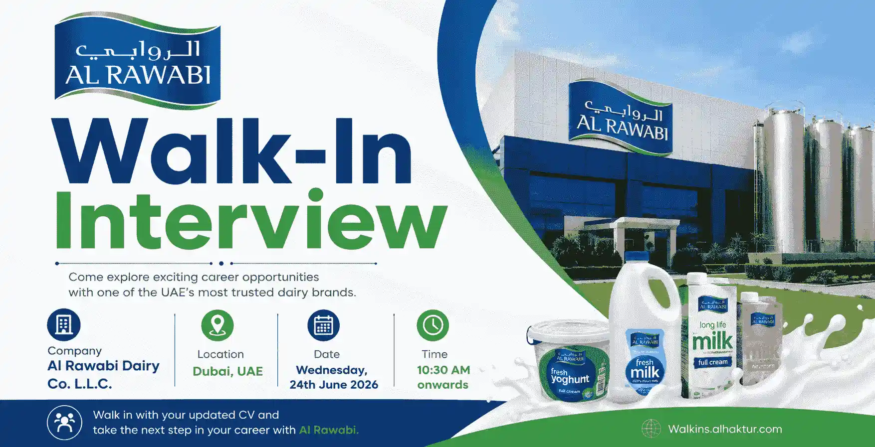 l Rawabi Dairy Co. LLC Dubai hiring Salesman for dairy division through walk-in interview on 24 June 2026. Candidates must have a valid UAE manual driving license, sales experience, and ability to drive a 3-ton vehicle.