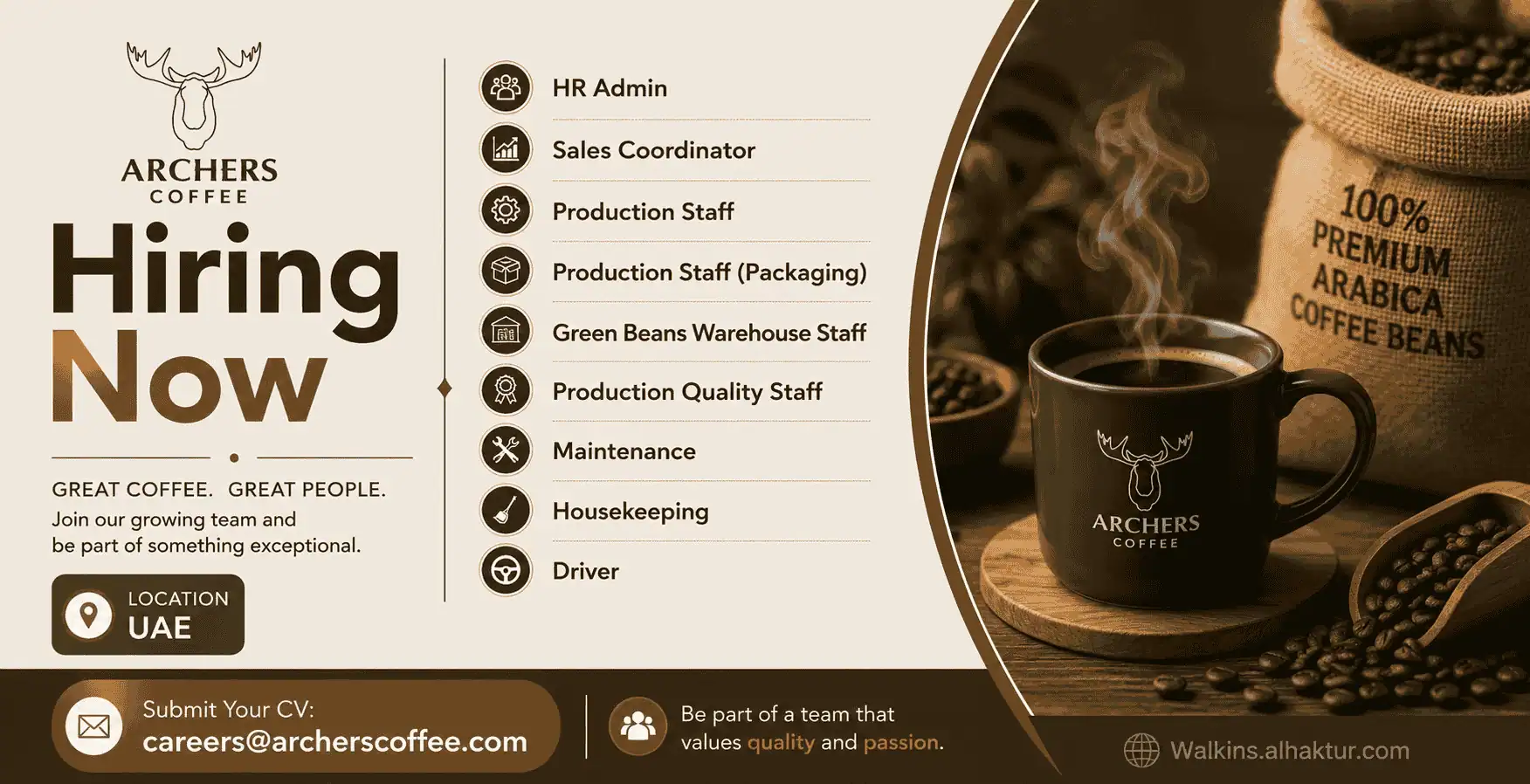 Archers Coffee UAE hiring HR Admin, Sales Coordinator, Production Staff, Packaging Staff, Green Beans Warehouse Staff, Production Quality Staff, Maintenance, Housekeeping, and Driver positions