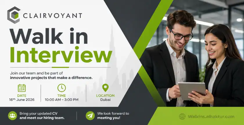 Clairvoyant walk-in interview in Dubai on 16 June 2026 for technical and maintenance jobs. Recruitment drive for skilled professionals in the UAE
