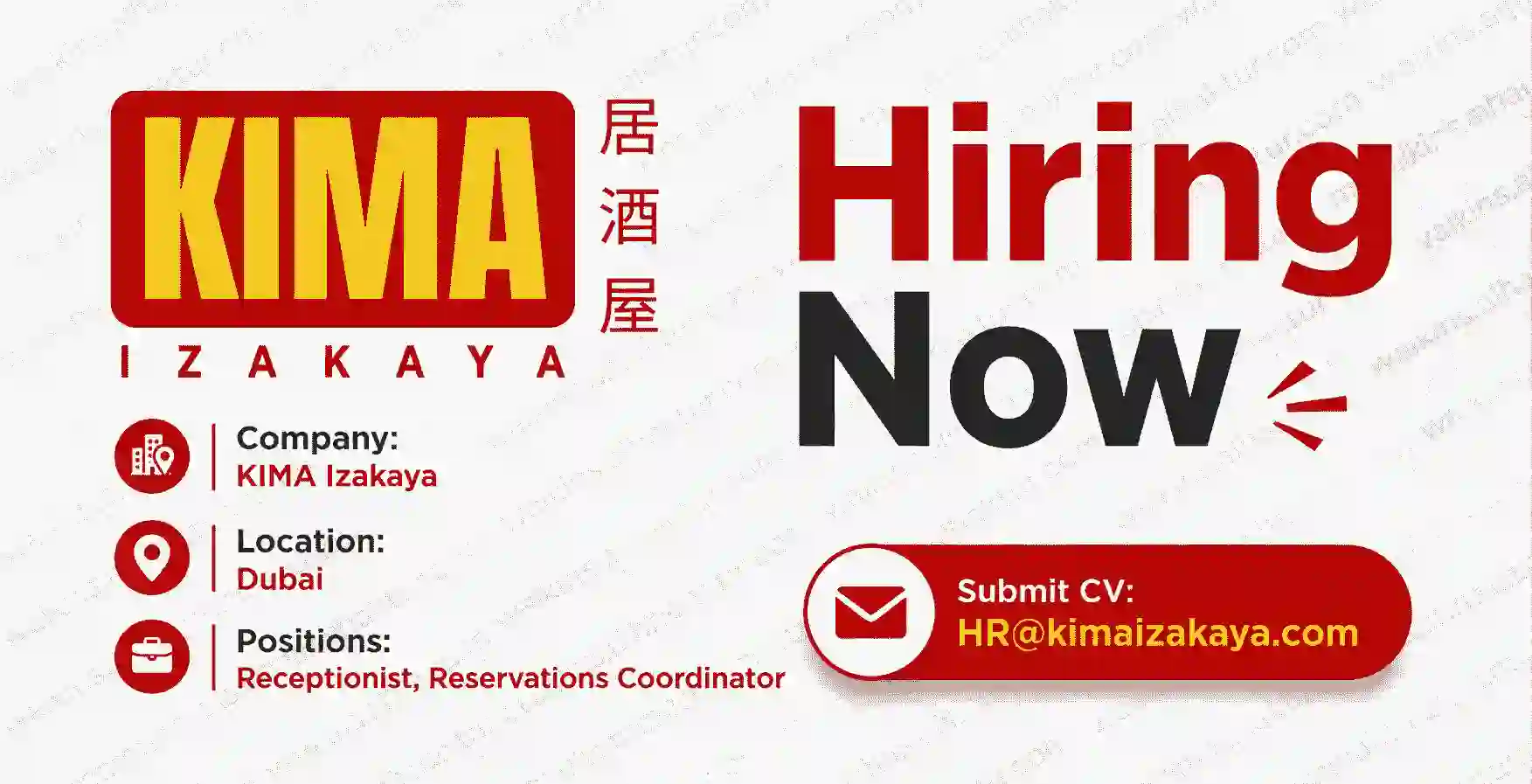 KIMA Izakaya Dubai hiring Receptionist and Reservations Coordinator for hospitality careers in Dubai, UAE. Apply by email for restaurant front office jobs.