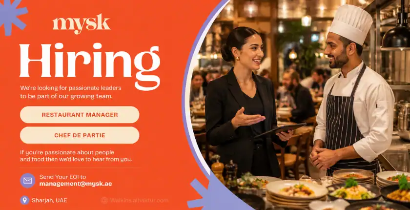 Mysk hiring Restaurant Manager and Chef de Partie in Sharjah, UAE. Hospitality and restaurant career opportunities with Mysk Hotels and Resorts.