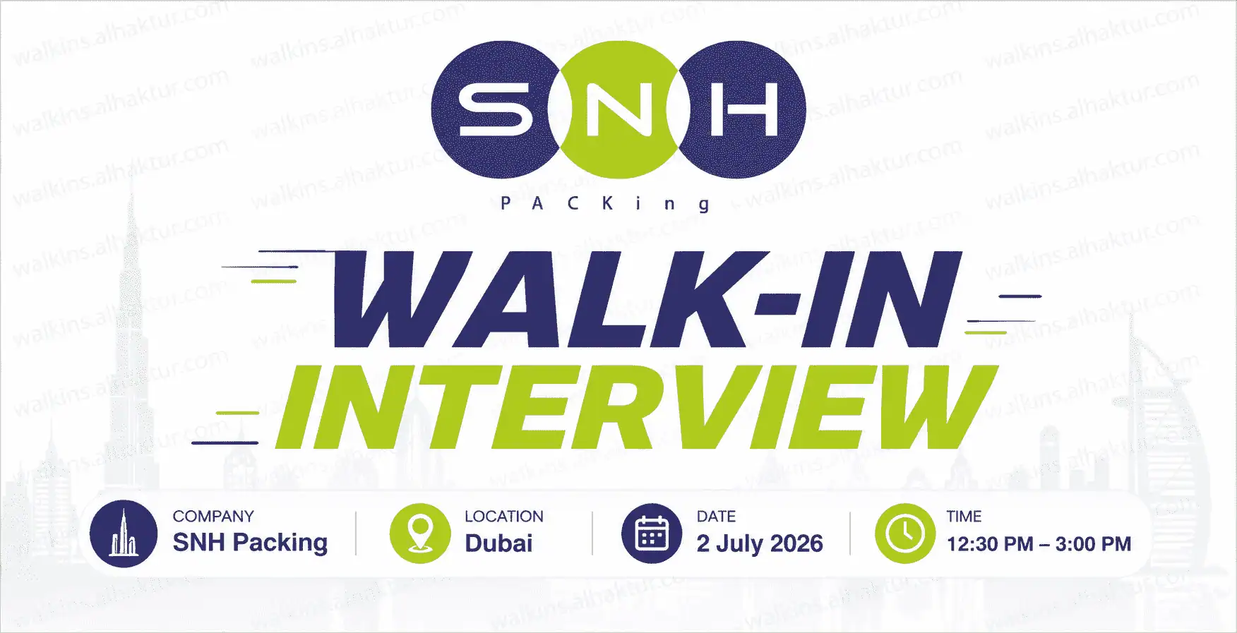 SNH Packing walk-in interview in Dubai on 2 July 2026 for warehouse labourer jobs. Walk-in recruitment event for packing and logistics careers in the UAE