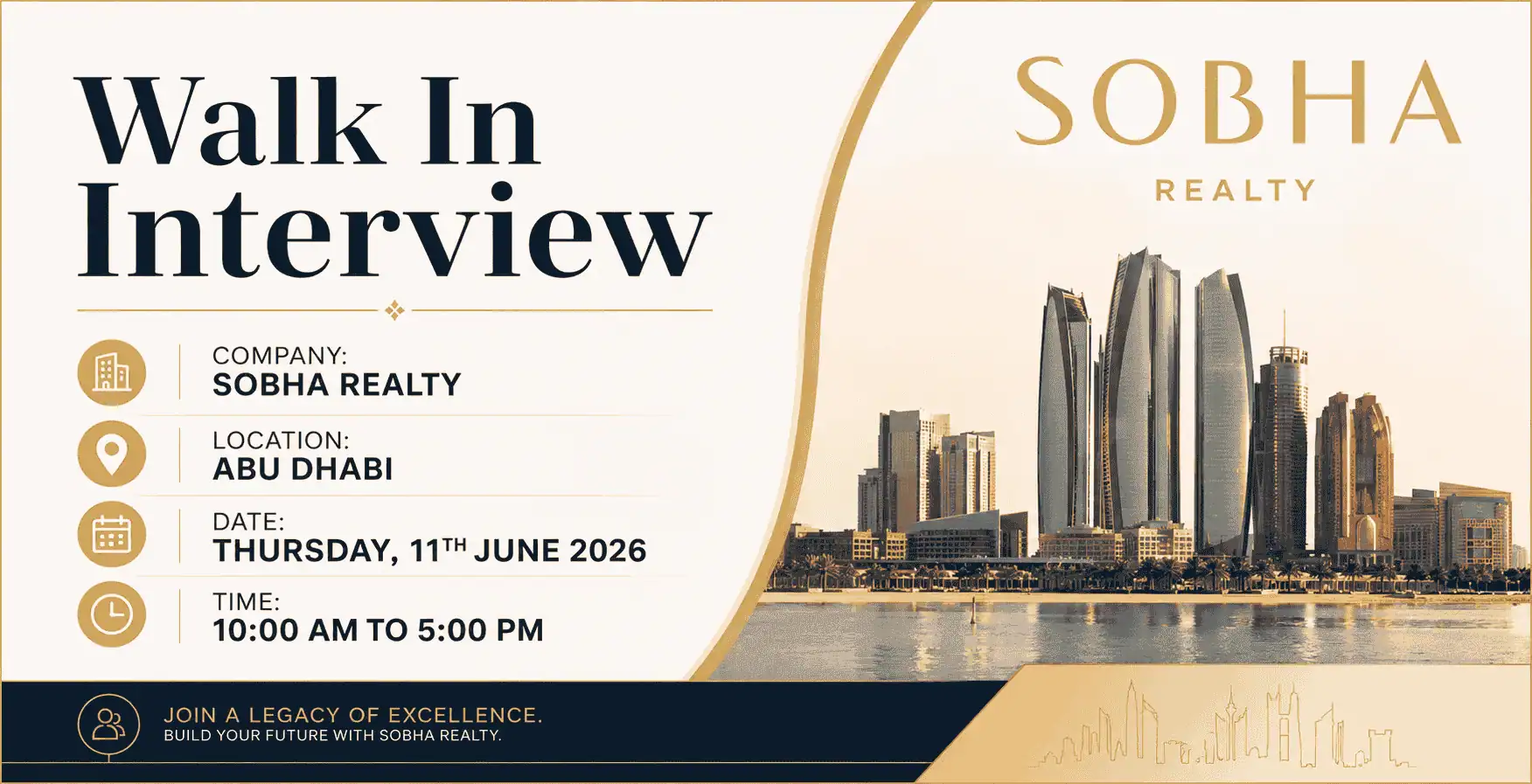 Sobha Realty walk-in interview in Abu Dhabi on June 11, 2026, inviting job seekers for real estate career opportunities with a leading UAE property developer