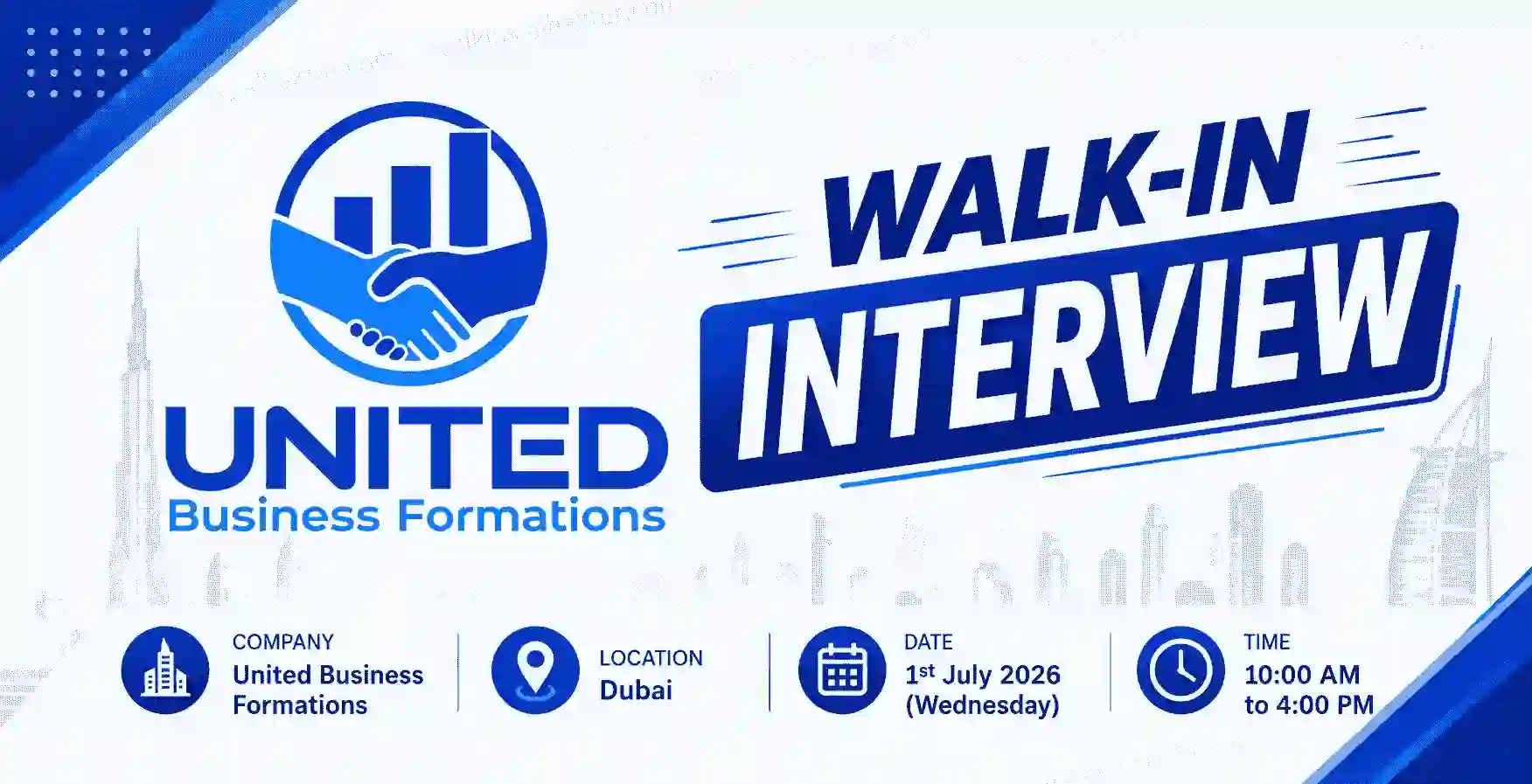 United Business Formations walk-in interview in Dubai on 1 July 2026 for Sales cum Admin jobs. Walk-in recruitment for female candidates in the UAE."