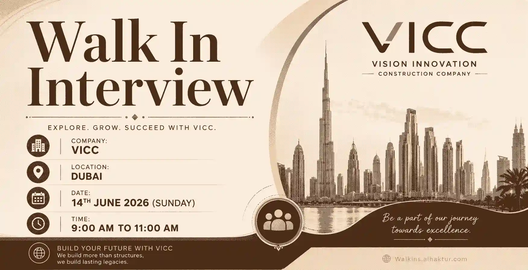 VICC walk-in interview in Dubai for construction and engineering jobs on 14 June 2026. Walk-in recruitment by Vision Innovation Construction Company (VICC).