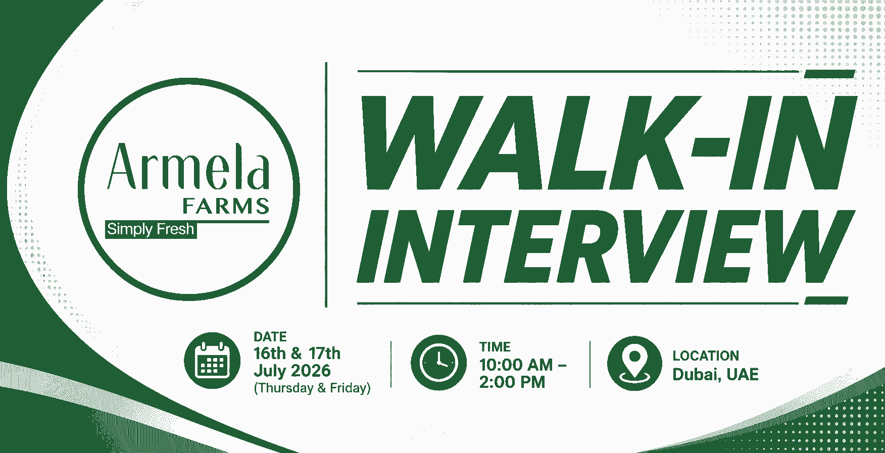 Website featured banner promoting the Armela Farms walk-in interview in Dubai on 16 and 17 July 2026 from 10:00 AM to 2:00 PM for multiple job vacancies.