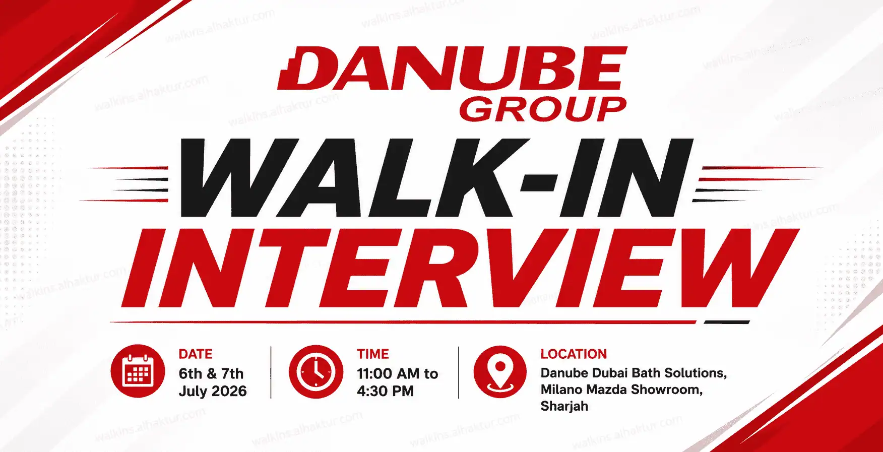 Website featured image for Danube Group walk-in interview in Sharjah on 6 and 7 July 2026. Recruitment drive for Outdoor Sales positions at Danube Dubai Bath Solutions and Milano Mazda Showroom