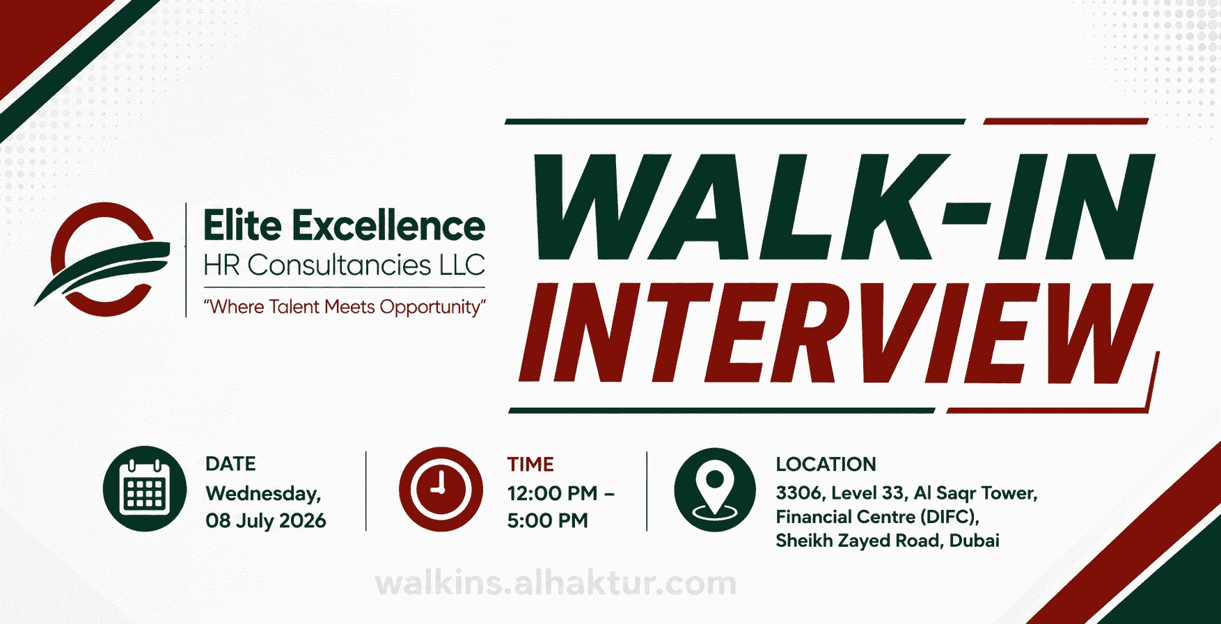 Website featured image promoting the Elite Excellence HR Consultancies LLC walk-in interview in Dubai on 8 July 2026 for Housekeeping Crew recruitment at Al Saqr Tower, DIFC