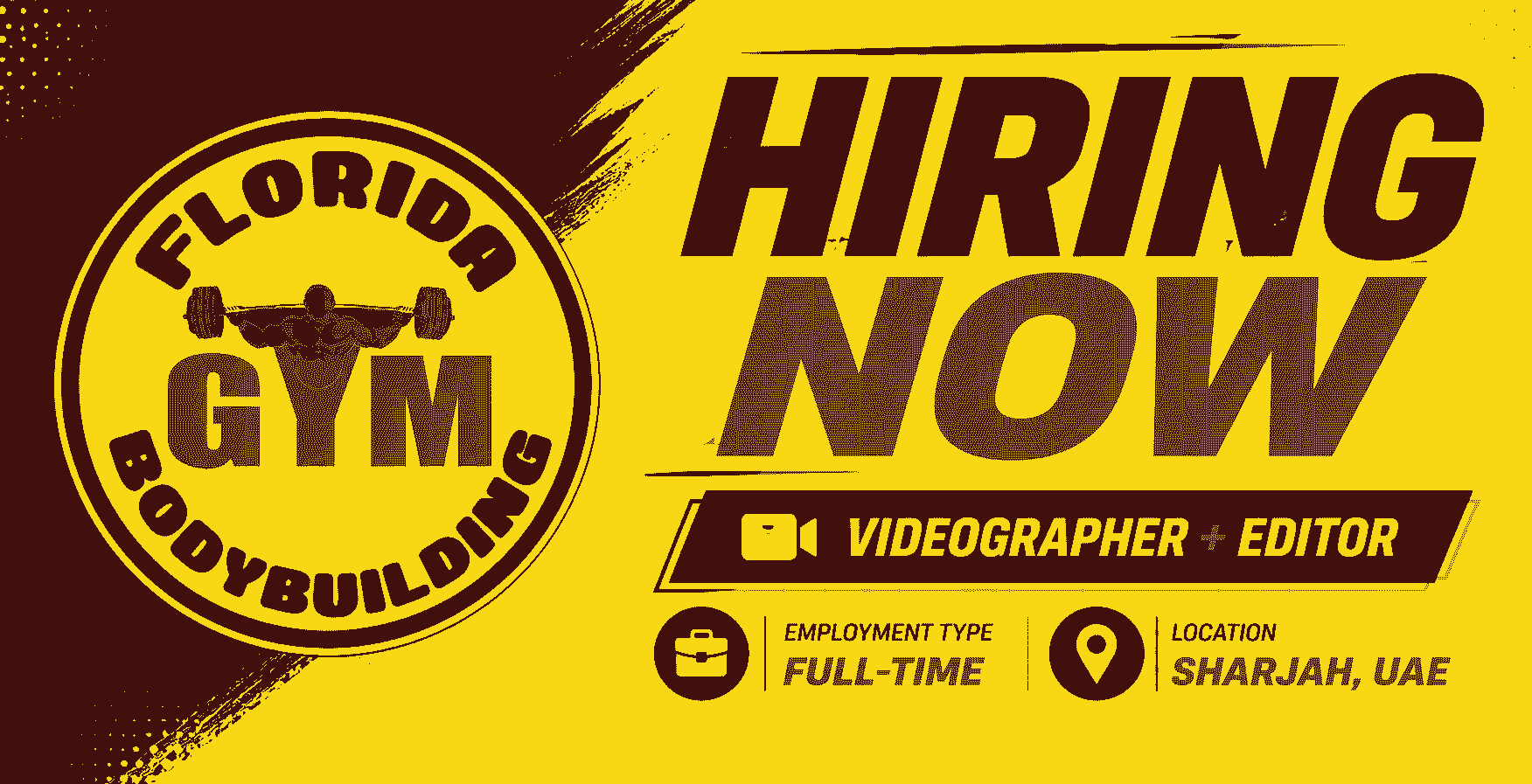 Website featured banner promoting the Florida Bodybuilding Full-Time Videographer and Editor job opportunity in Sharjah, UAE.