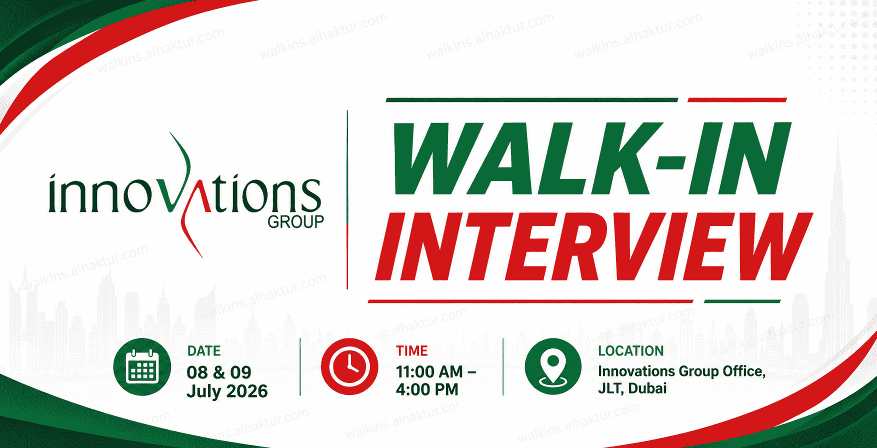 Website featured image promoting the Innovations Group walk-in interview in Dubai on 8 and 9 July 2026. Hiring HVAC Technicians at the JLT office for Ajman-based projects