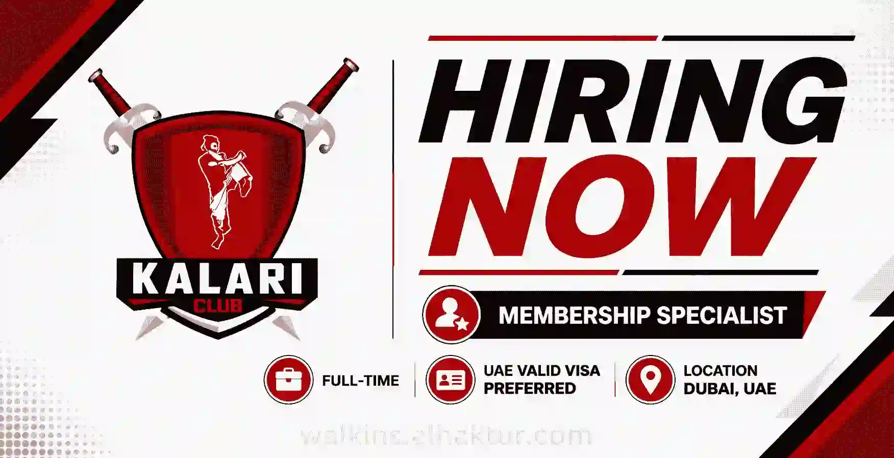 Website featured banner announcing Kalari Club Dubai hiring a Full-Time Membership Specialist. UAE valid visa preferred. Job location: Dubai, UAE.