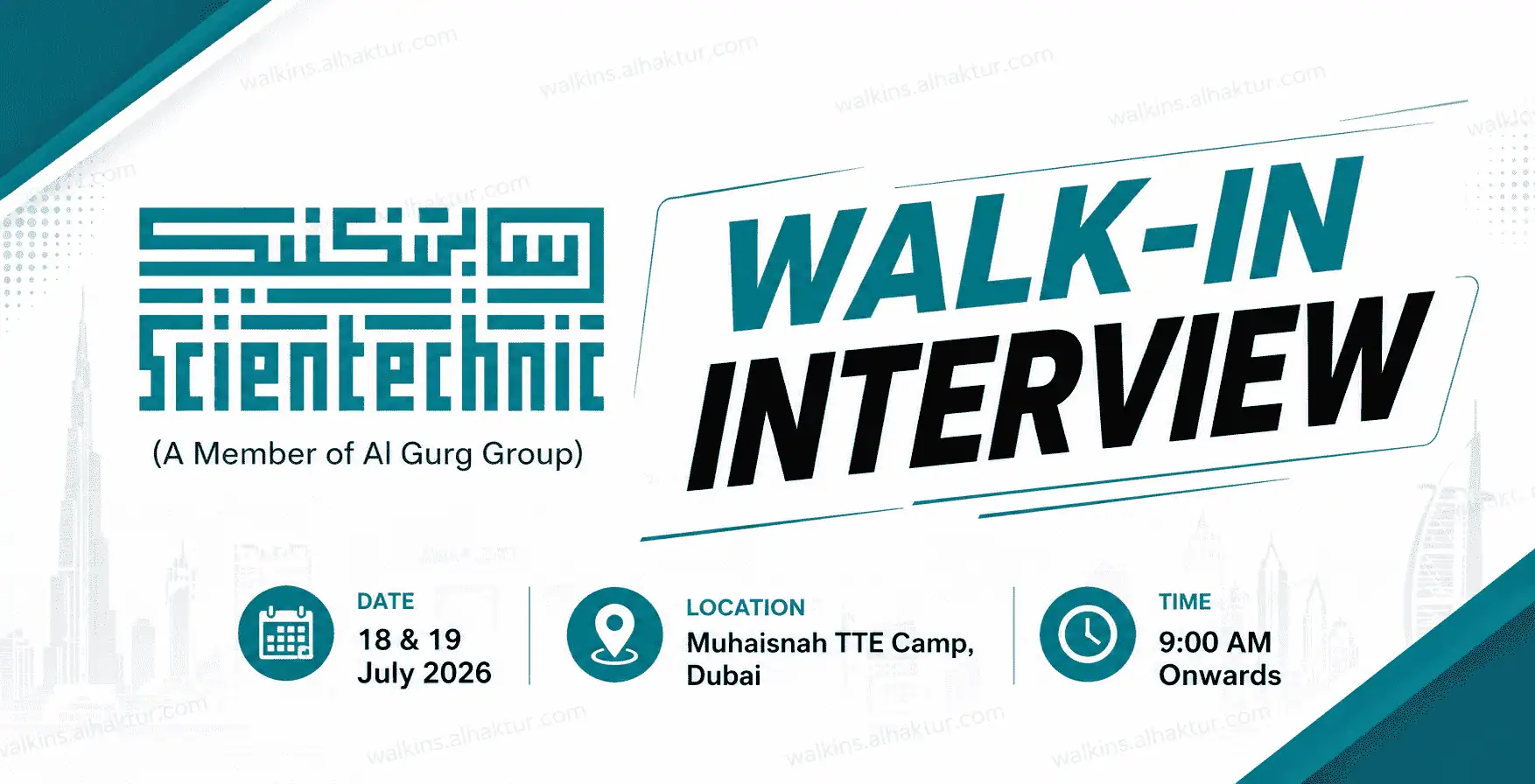 Website featured image for Scientechnic walk-in interview in Dubai on 18 and 19 July 2026 at Muhaisnah TTE Camp. Hiring experienced Fire & Life Safety, ELV, BMS, Mechanical and Electrical professionals