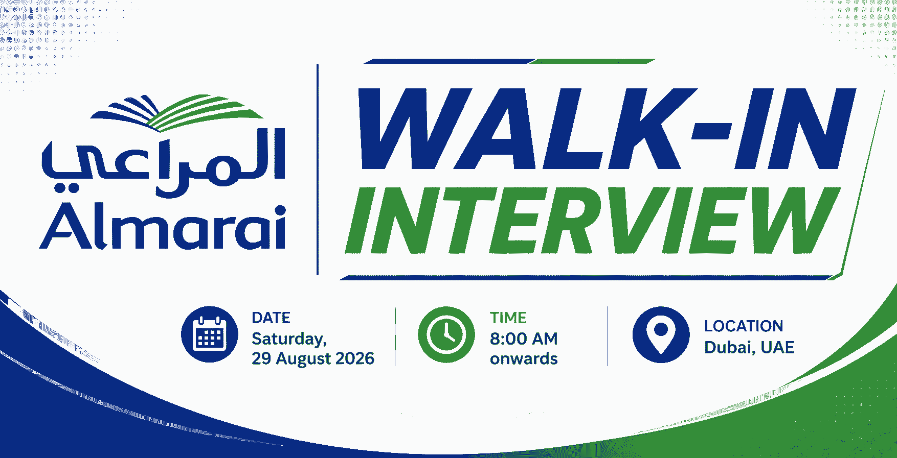 Almarai walk-in interview in Dubai, UAE on Saturday, 29 August 2026 from 8:00 AM onwards
