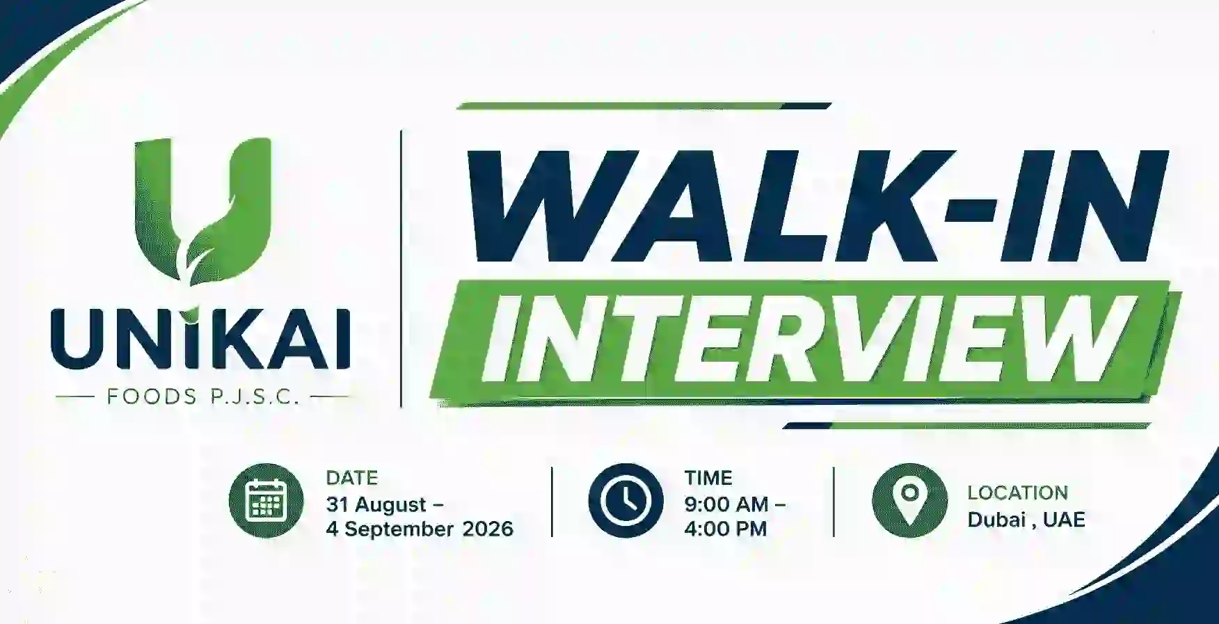 Unikai Foods P.J.S.C. walk-in interview in Dubai, UAE from 31 August to 4 September 2026, 9:00 AM to 4:00 PM, for Electrician, Mason and Cleaner jobs