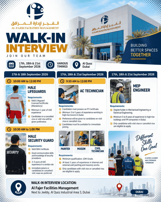 Al Fajer Facilities Management walk-in interview in Dubai for Male Lifeguard, AC Technician, MEP Engineer, Male Security Guard, Painter, Mason and Civil Technician positions.