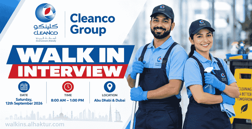 Cleanco Group walk-in interview in Abu Dhabi and Dubai on 12 September 2026 from 8:00 AM to 1:00 PM.