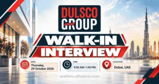 Dulsco Group walk-in interview banner for Thursday, 29 October 2026, from 9:00 AM to 1:00 PM in Dubai, UAE. Features the Dulsco Group logo, Dubai skyline, and bold walk-in interview headline in navy blue, red, and white, with the interview date, time, and location displayed prominently.