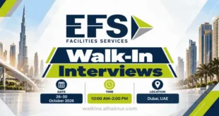 EFS Facilities Services walk-in interviews banner featuring the company logo and Dubai skyline. Interviews are scheduled from 26 to 30 October 2026, from 10:00 AM to 2:00 PM, in Dubai, UAE.