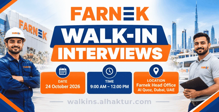 Farnek walk-in interviews in Dubai on 24 October 2026, from 9:00 AM to 12:00 PM at Farnek Head Office in Al Quoz, featuring Farnek employees, company branding, and recruitment event details.