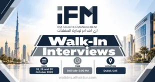 iFM Facilities Management walk-in interviews banner featuring the company logo and Dubai skyline. Recruitment interviews are scheduled for 28, 29 and 30 October 2026, from 9:00 AM to 3:00 PM in Dubai, UAE.