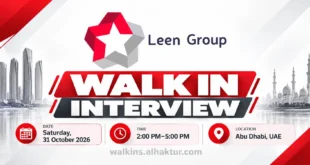 Leen Group walk-in interview banner for multiple vacancies in Abu Dhabi, UAE. Interview date: Saturday, 31 October 2026. Time: 2:00 PM–5:00 PM. The banner features the Leen Group logo, a red and white professional design, and Abu Dhabi skyline landmarks.