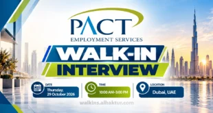 PACT Employment Services walk-in interview featured banner for Thursday, 29 October 2026, from 10:00 AM to 3:00 PM in Dubai, UAE. The professional blue and lime-green design features the PACT logo, Dubai skyline, and prominent walk-in interview headline. The banner highlights the recruitment event date, time, and location.