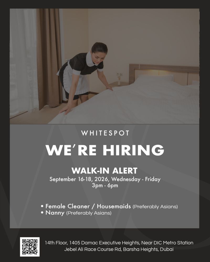 Whitespot Facilities Management hiring female cleaners, housemaids and nannies in Dubai for walk-in interviews from 16th to 18th September 2026.