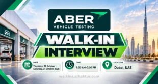 Aber Vehicle Testing walk-in interview banner for Thursday, 29 October, to Saturday, 31 October 2026, from 9:00 AM to 3:00 PM in Dubai, UAE. Features the Aber Vehicle Testing logo, vehicle inspection centre, Dubai skyline, and bold walk-in interview headline in dark green, lime green, and white, with the interview dates, time, and location displayed prominently.