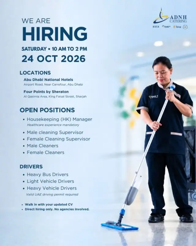 ADNH Catering hiring poster for housekeeping managers, cleaning supervisors, male and female cleaners, heavy bus drivers, light vehicle drivers, and heavy vehicle drivers. Walk-in interviews are scheduled for 24 October 2026, from 10:00 AM to 2:00 PM, at Abu Dhabi National Hotels in Abu Dhabi and Four Points by Sheraton in Sharjah.