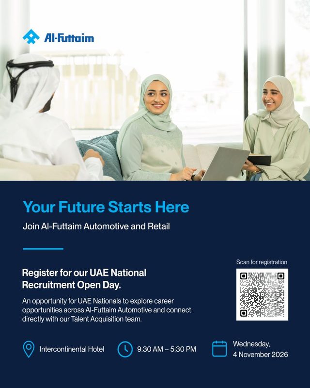 Al-Futtaim UAE National Recruitment Open Day poster for Wednesday, 4 November 2026, from 9:30 AM to 5:30 PM at InterContinental Hotel, UAE. Features the Al-Futtaim logo and bold navy-blue and cyan typography highlighting the recruitment event, date, time, and location.