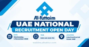 Al-Futtaim Automotive and Retail UAE National Recruitment Open Day banner inviting UAE nationals to explore career opportunities and meet the Talent Acquisition team. The event takes place on Wednesday, 4 November 2026, from 9:30 AM to 5:30 PM at InterContinental Hotel. Features the Al-Futtaim logo, a professional meeting scene, and a QR code for registration.