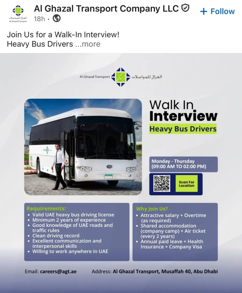 Al Ghazal Transport Company LLC walk-in interview for heavy bus drivers in Abu Dhabi, UAE, Monday to Thursday from 9:00 AM to 2:00 PM. Candidates need a valid UAE heavy bus driving licence and at least two years of experience.