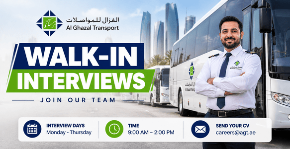 Al Ghazal Transport walk-in interview banner featuring company buses and a professional driver, inviting candidates to join the transport team. CV submission email: careers@agt.ae.