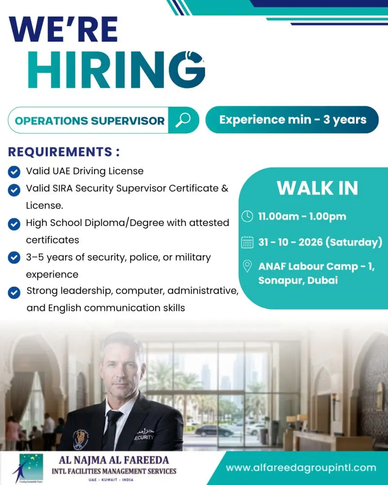 Al Najma Al Fareeda International Facilities Management Services hiring an Operations Supervisor in Dubai, UAE. Walk-in interview scheduled for Saturday, 31 October 2026, from 11:00 AM to 1:00 PM at ANAF Labour Camp 1, Sonapur, Dubai. Candidates must have a minimum of 3 years of experience, a valid UAE driving licence, valid SIRA Security Supervisor Certificate and Licence, and an attested high school diploma or degree. Applicants should have 3–5 years of security, police, or military experience, along with strong leadership, computer, administrative, and English communication skills. Immediate joiners preferred.