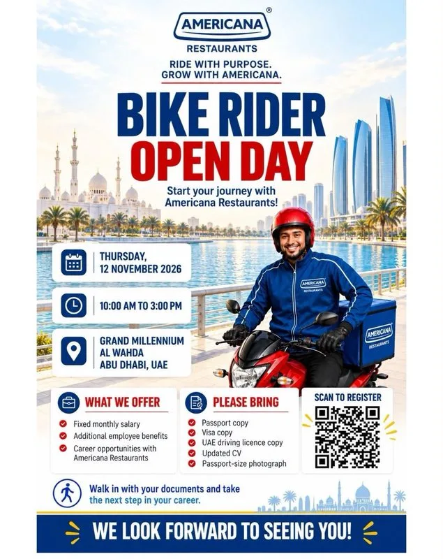 Americana Restaurants bike rider open day in Abu Dhabi on 12 November 2026, at Grand Millennium Al Wahda, with details on salary benefits, required documents and registration.