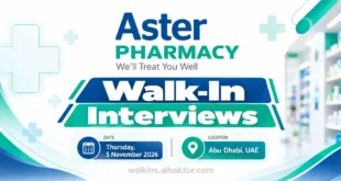 Aster Pharmacy walk-in interviews banner announcing recruitment opportunities in Abu Dhabi, UAE, on Thursday, 5 November 2026. The blue and green banner features the Aster Pharmacy logo, pharmacy-themed graphics, and the interview date and location. The recruitment campaign targets qualified pharmacists seeking career opportunities with Aster Pharmacy.